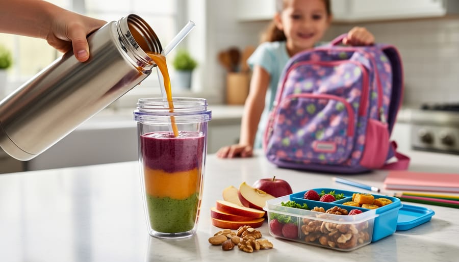 Thermos pouring smoothie into a cup next to a lunchbox for on-the-go school snacking.